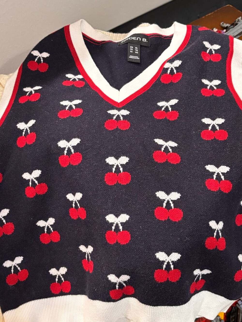 Arden B. Navy Cherry Print V-Neck Sweater Vest